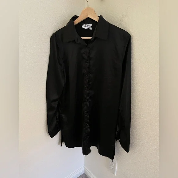 PRINCESS POLLY 90210 SATIN SHIRT MINI DRESS BLACK size 6 long sleeve - Picture 3 of 7